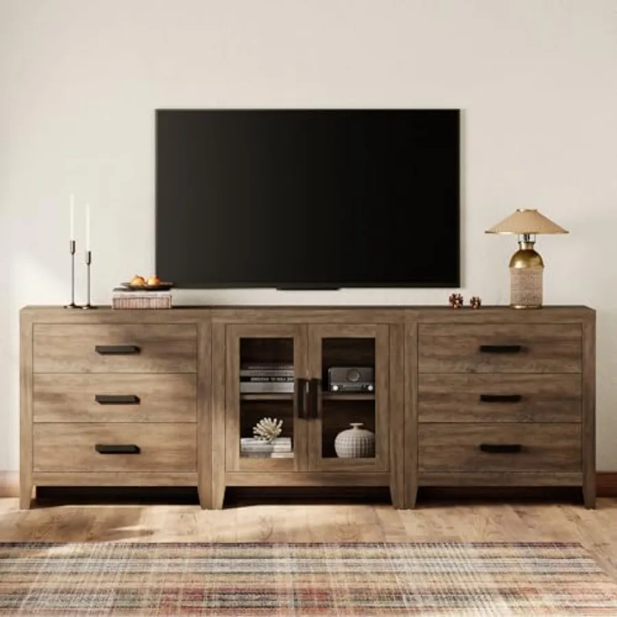 

TV Stand for TVs up to 85 Inch, 3 in 1 Multifunction Entertainment Center with Drawers and Glass Doors, Farmhouse Media Console