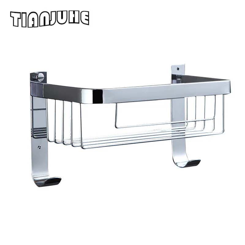 Douche Caddy Mand Plank Badkamer Organizer Met 2 Haken Wall Mounted Douche Rack SUS304 Rvs