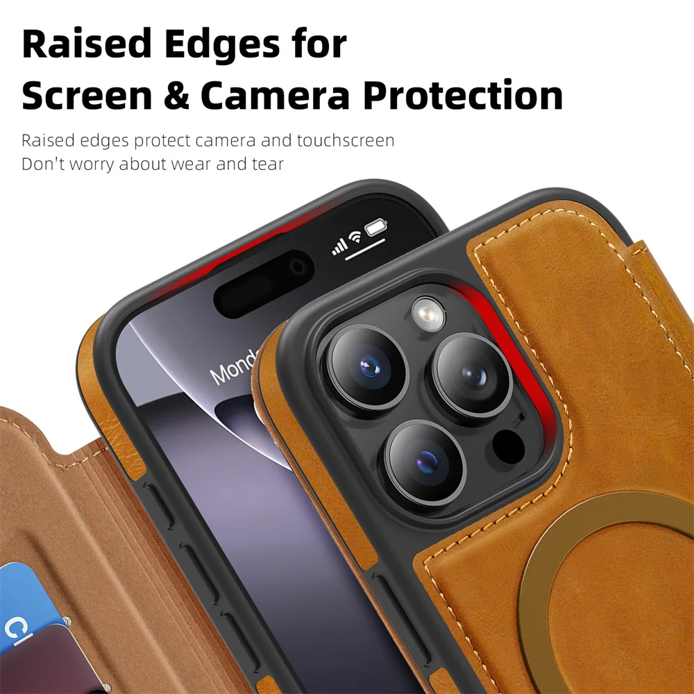 Luxuriöse magnetische Flip-Leder-Brieftaschen-Handyhülle mit Magnet für iPhone 18 15 16 17 Pro Max 16E 14 13 12 11 mit Kartenfach und Kartenhalter – Detail 5