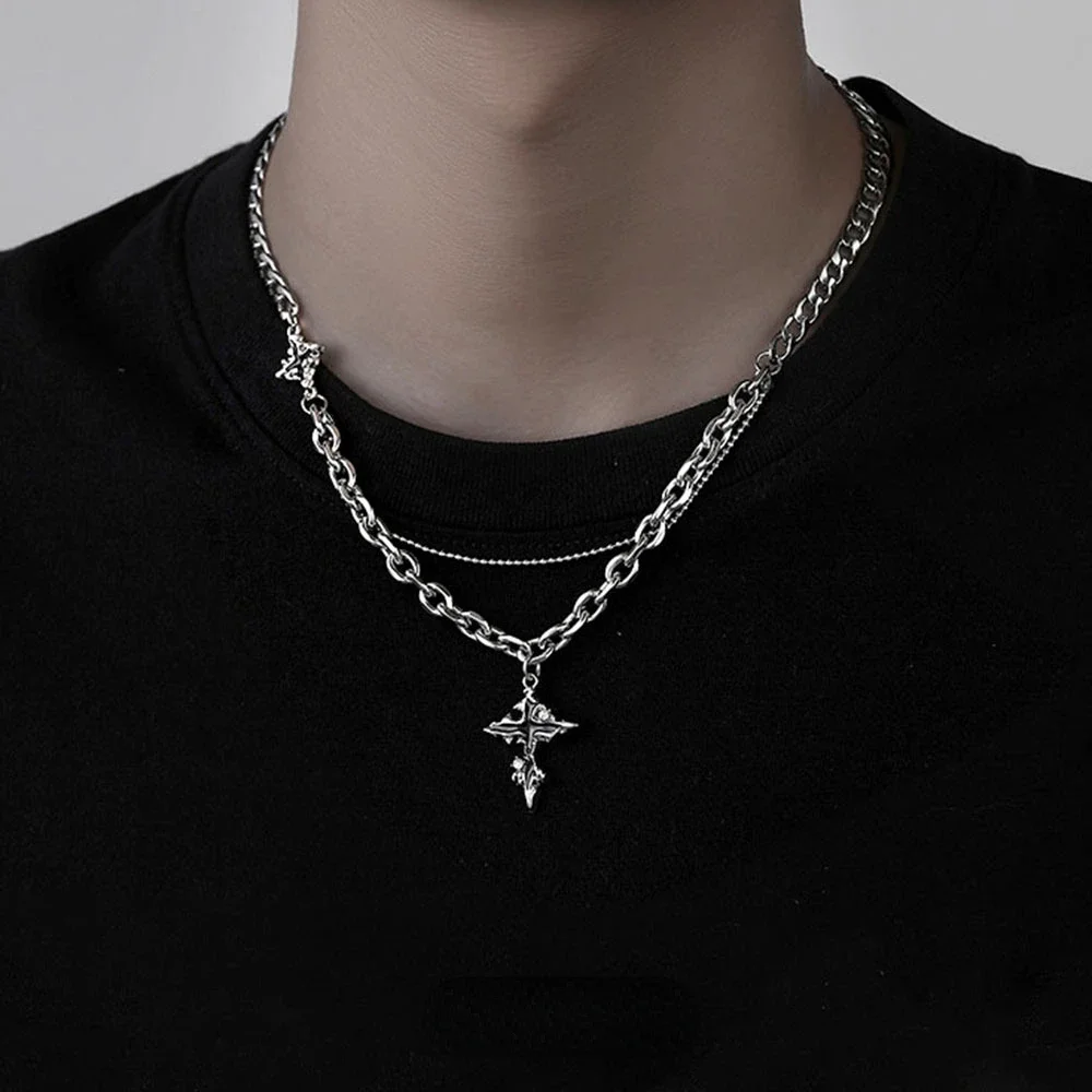 Подвеска Punk Black Cross Necklace For Men Women Trend Titanium Steel Chain Sweater Pendant Hip Hop Jewelry Cool Accessories