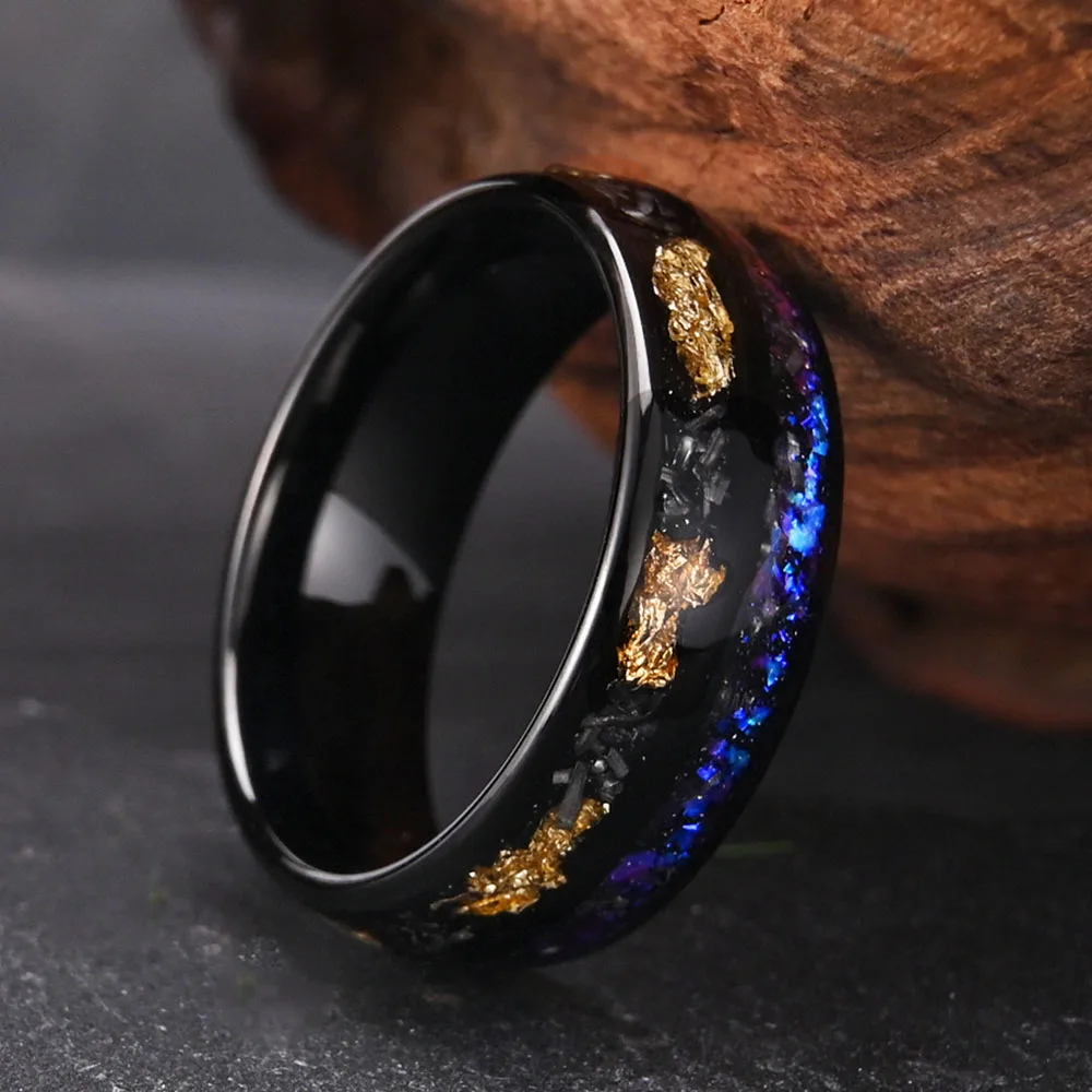 Black Tungsten Steel Inlaid With Gold Foil Meteorite Opal Rings For Men And Women, Featuring Cosmic Debris Jewellery Engagement