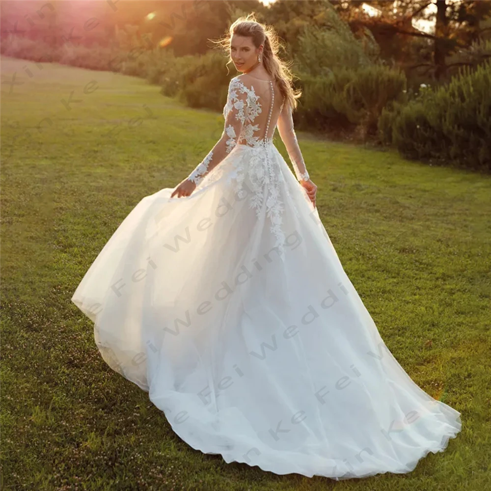 Vestidos de noiva femininos de manga comprida, vestido de noiva boêmio, gola redonda, aplique de renda, elegante princesa, festa formal na praia, baile de formatura 2024