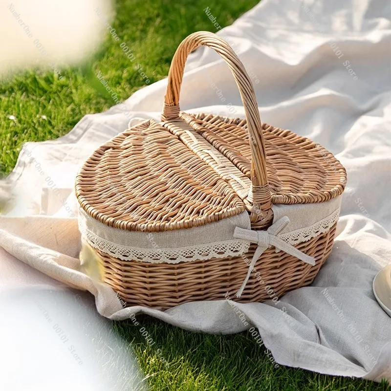 Rustic Wicker Picnic Basket with Lid Insulated Lining Handwoven Willow Storage Tote Portable Outdoor Spring Outing Food view 2