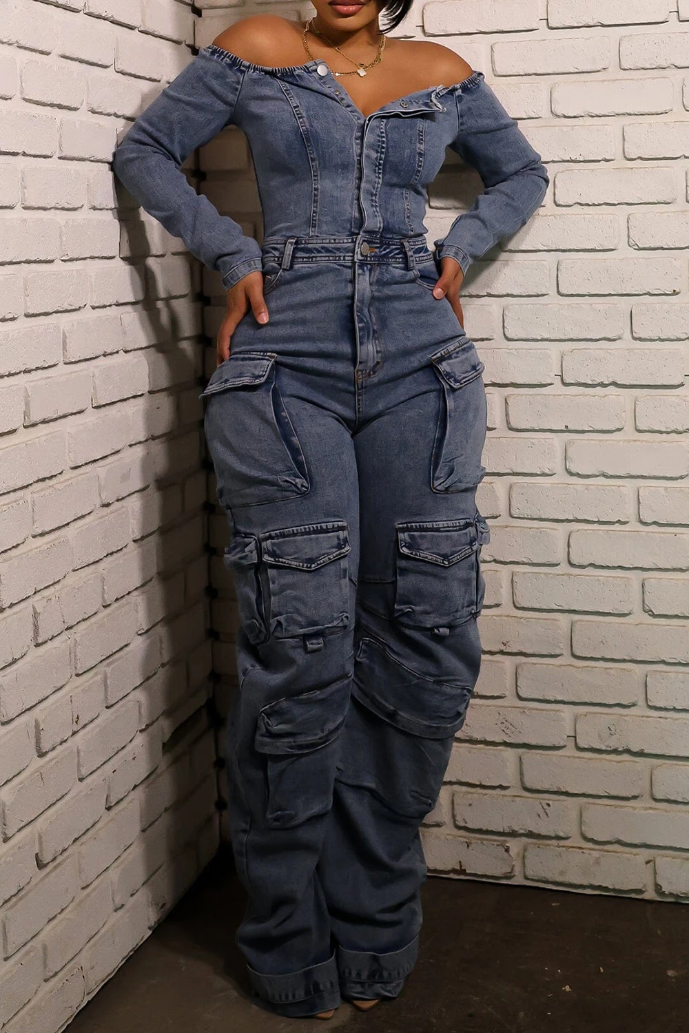 

Plus Size Daily Blue Off The Shoulder Long Sleeve Pocket Cargo Denim Jumpsuits