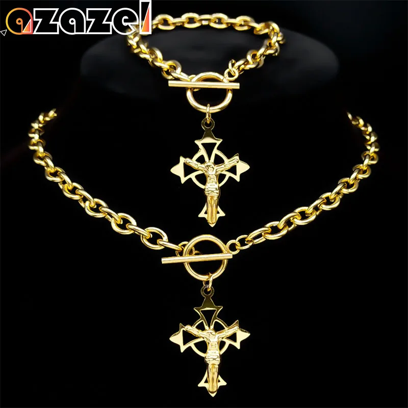 

Fashion Jesus Cross Pendant Jewelry Set for Women Men Stainless Steel Gold Plated Crucifix Religious Necklaces Jewelry N8273S08