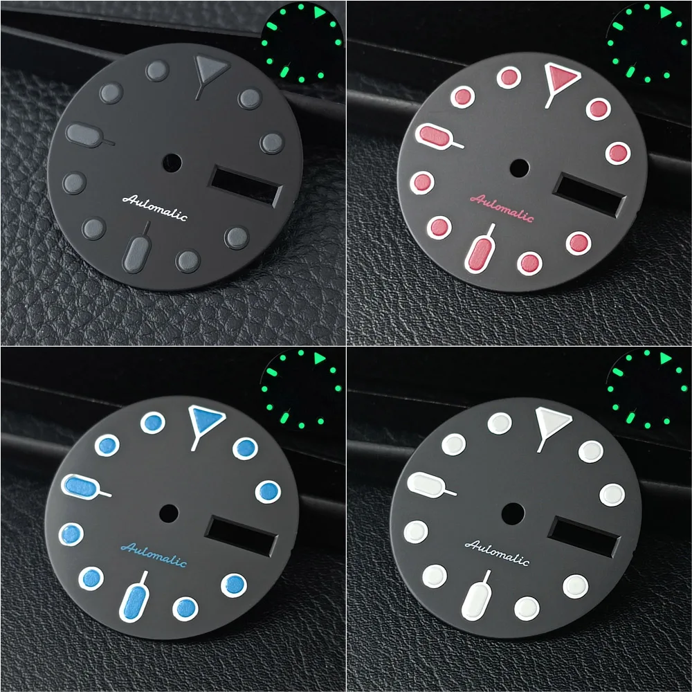 28.5MM Dual Calendar Watch Dial and Hands, Green Illuminated Pointer Dial, Suitable for NH35/NH36 Movements