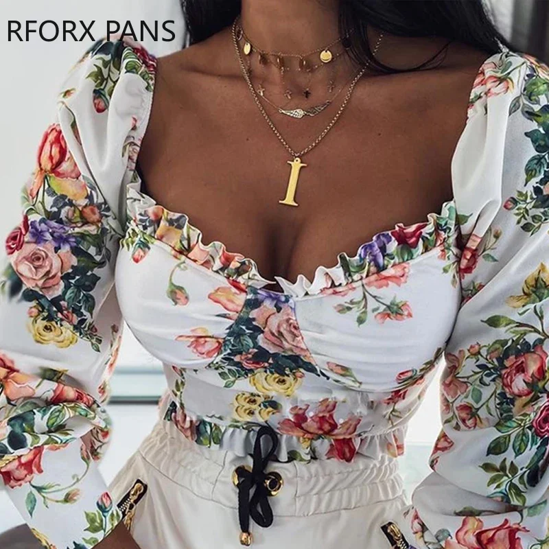 Long Sleeve Square Neck Floral Print Top Women Plus Size Tops Spring Tops and Blouses