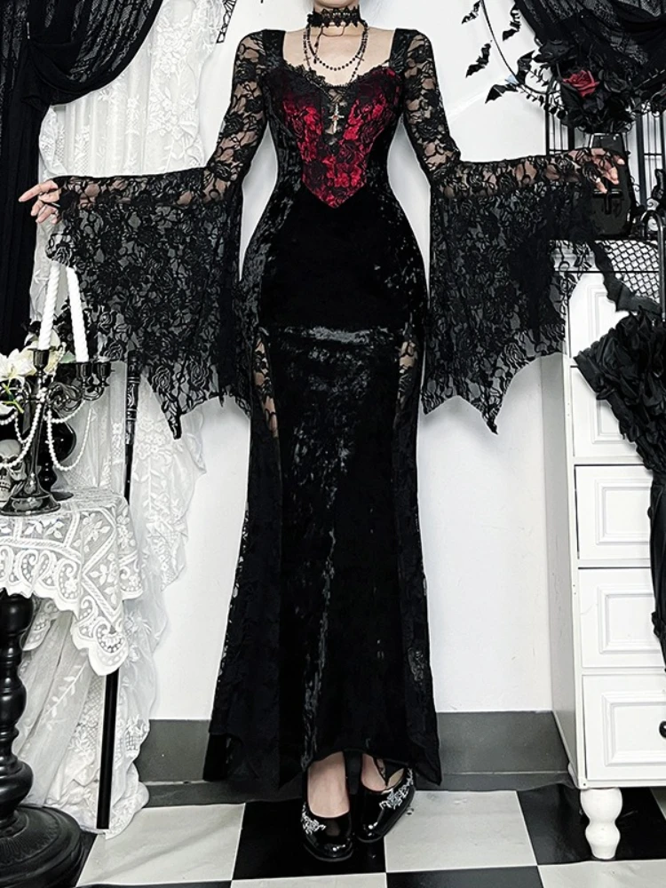 

Новое ретро-готическое вечернее платье 2026 года для женщин: винтажное платье Y2K в стиле фейрикор и гранж с кружевными вставками, расклешенными рукавами и завышенной талией