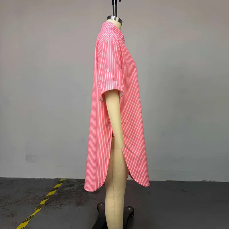 슬레르기리 여성용 스트라이프 반팔 버튼다운 셔츠 탑 봄 여름 한국 패션 사이드 슬릿 여성 캐주얼 롱 블라우스