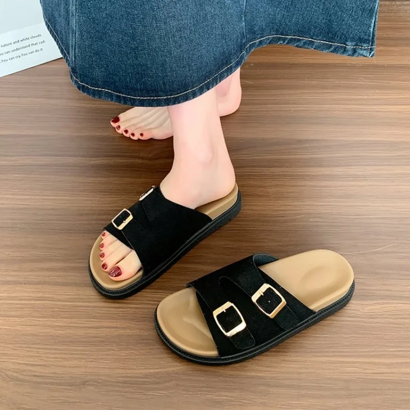 Women's Sandals Soft-soled Platform Sandals Double Buckle Roman-style Belt-buckle Slippers Popular Slip-on Flat Slippers