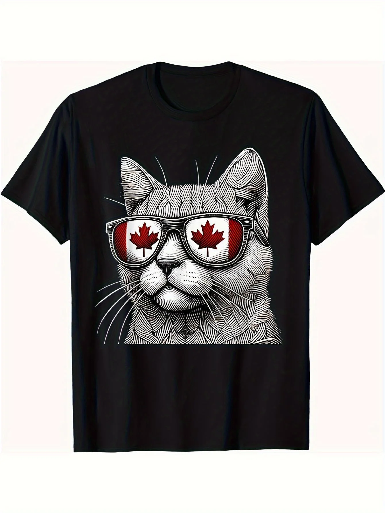 Men's Canada Day T-Shirt - Funny Canadian Flag Graphic Tee with Red Glasses Gray Cat - Lightweight 180gsm Shirt for July 1st, Independence Day Parties - Machine Washable Patriotic Apparel for Adults, Canada T Shirt