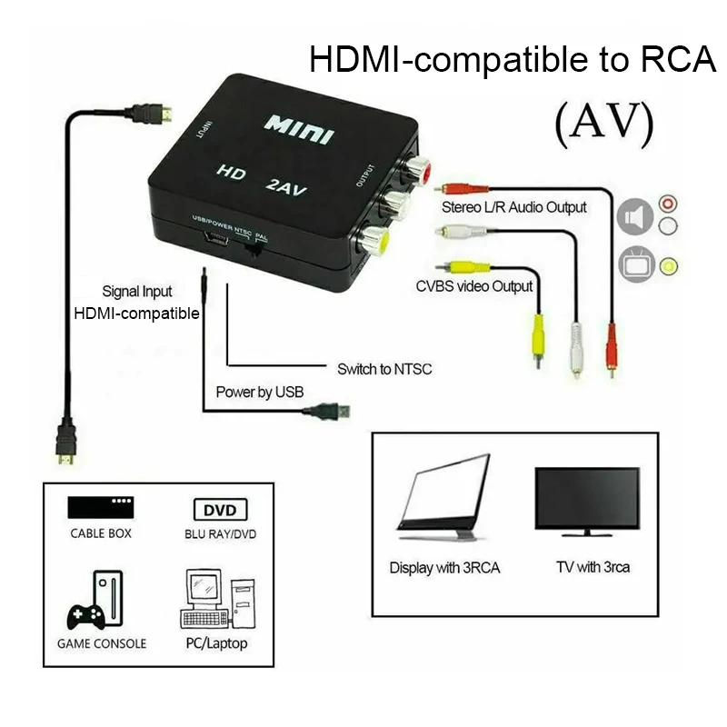 Compatível com HDMI para conversor RCA, AV, CVBS, L, R, Áudio, Vídeo Set Top Box, Up Scaler, 1080p Mini HD2AV, suporte NTSC, saída PAL, HD para AV