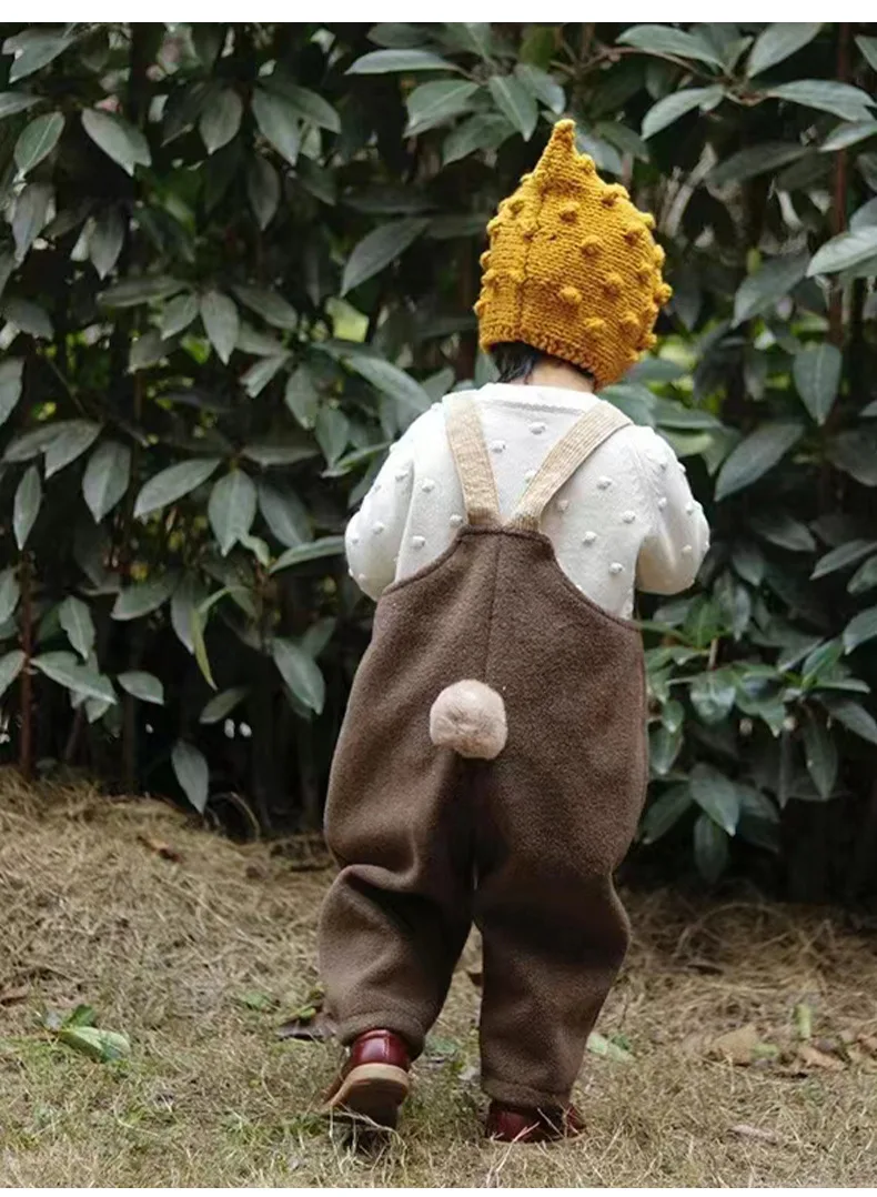 Boys and Girls' Lamb Wool Overalls Are Soft and Warm Autumn and Winter Handmade Ball Bunny Tail Casual Trousers