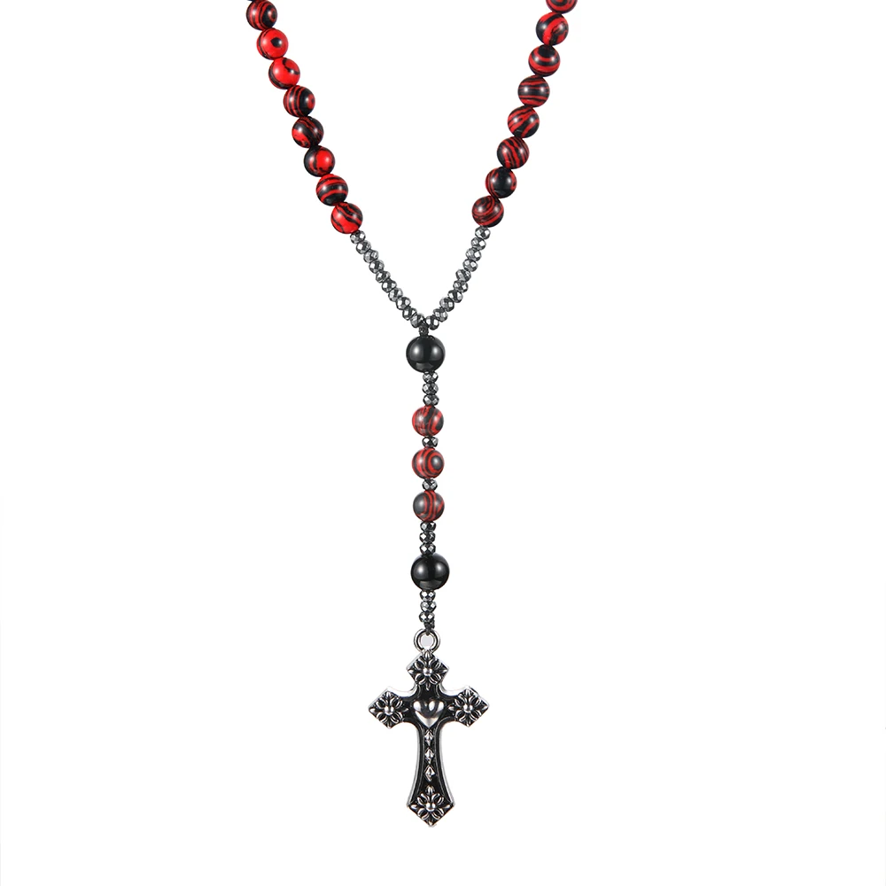 8mm Red Stone Beaded Necklace with Cross Pendant for Men and Women