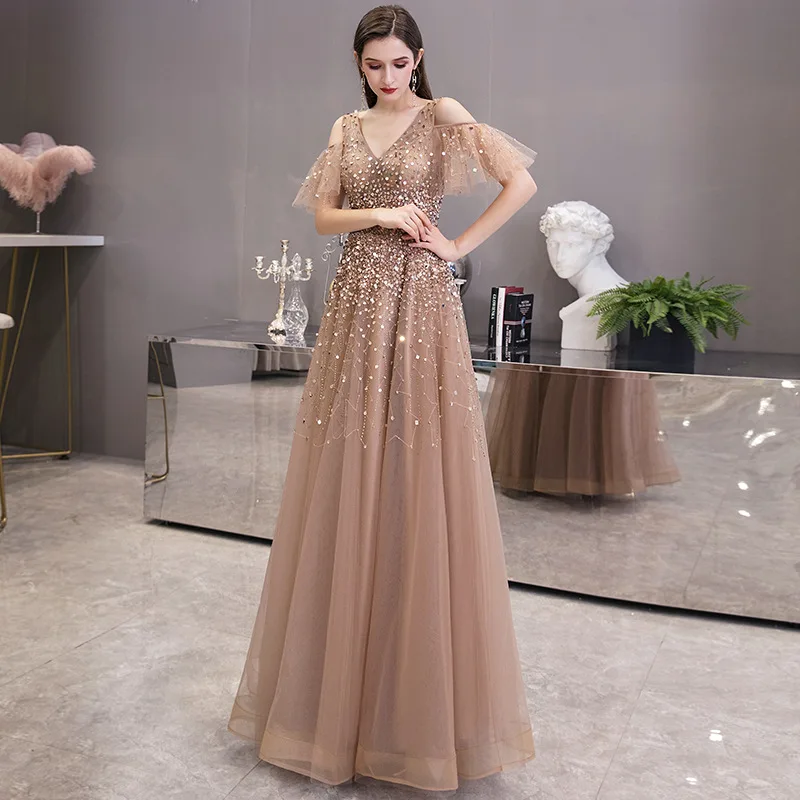 Linyang-vestido largo con escote en V para mujer, traje Formal elegante con lentejuelas para fiesta de noche, 2023