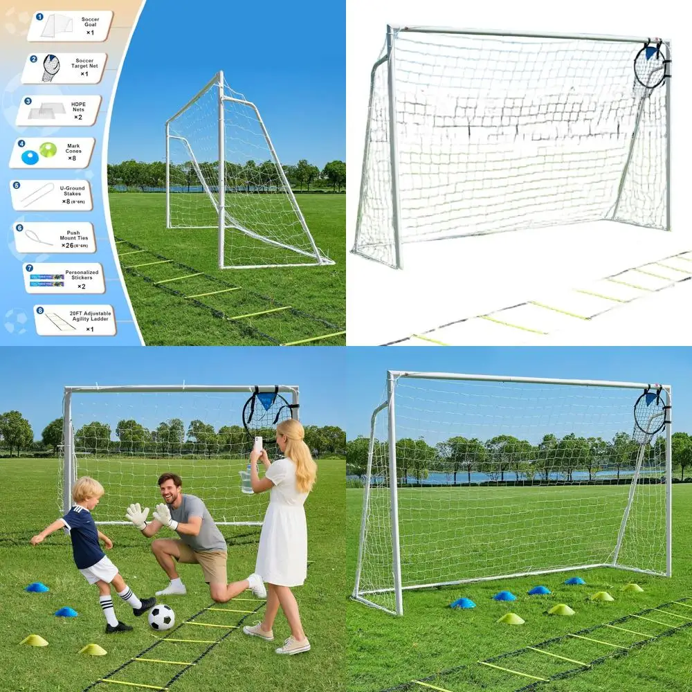 

Большие футбольные ворота 12x6.5 футов для взрослых, подростков и детей с металлическими стойками, лестницей для отработки ловкости и сеткой-мишенью для тренировок по футболу