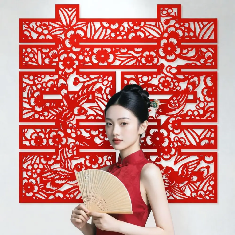 Big Red Wedding Decoration Double Happiness Paper Cutout Sticker For Bridal Room Background Wall Photography Prop Supplies