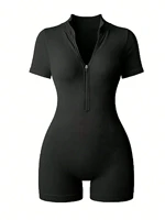 Women's Solid Color Half Zip Ribbed Knit Short Sleeve Romper Sports Soft Slim Fit Mock Neck Jumpsuit Streetwear 2025 Summer