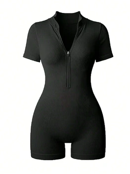 Women's Solid Color Half Zip Ribbed Knit Short Sleeve Romper Sports Soft Slim Fit Mock Neck Jumpsuit Streetwear 2025 Summer