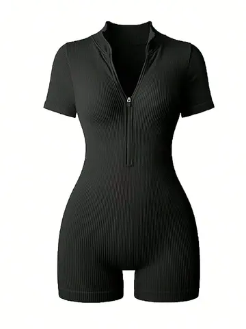 Women's Solid Color Half Zip Ribbed Knit Short Sleeve Romper Sports Soft Slim Fit Mock Neck Jumpsuit Streetwear 2025 Summer