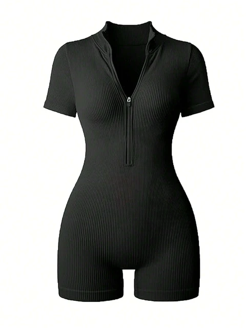 Women's Solid Color Half Zip Ribbed Knit Short Sleeve Romper Sports Soft Slim Fit Mock Neck Jumpsuit Streetwear 2025 Summer