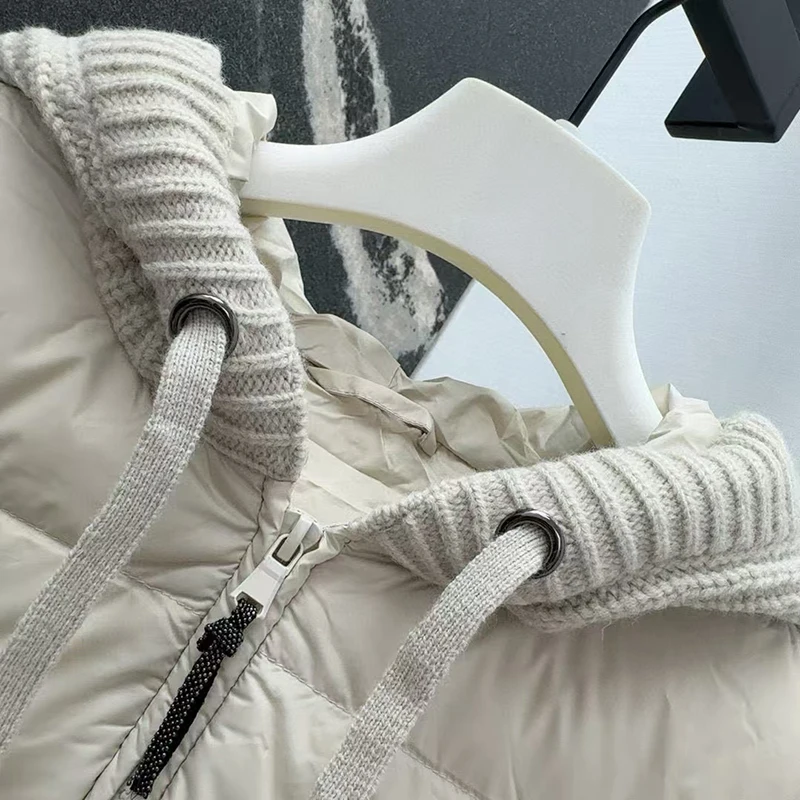 Dameswollen patchwork donsjack met capuchon, modieuze, casual en veelzijdige warme jas, hoge kwaliteit, herfst en winter,