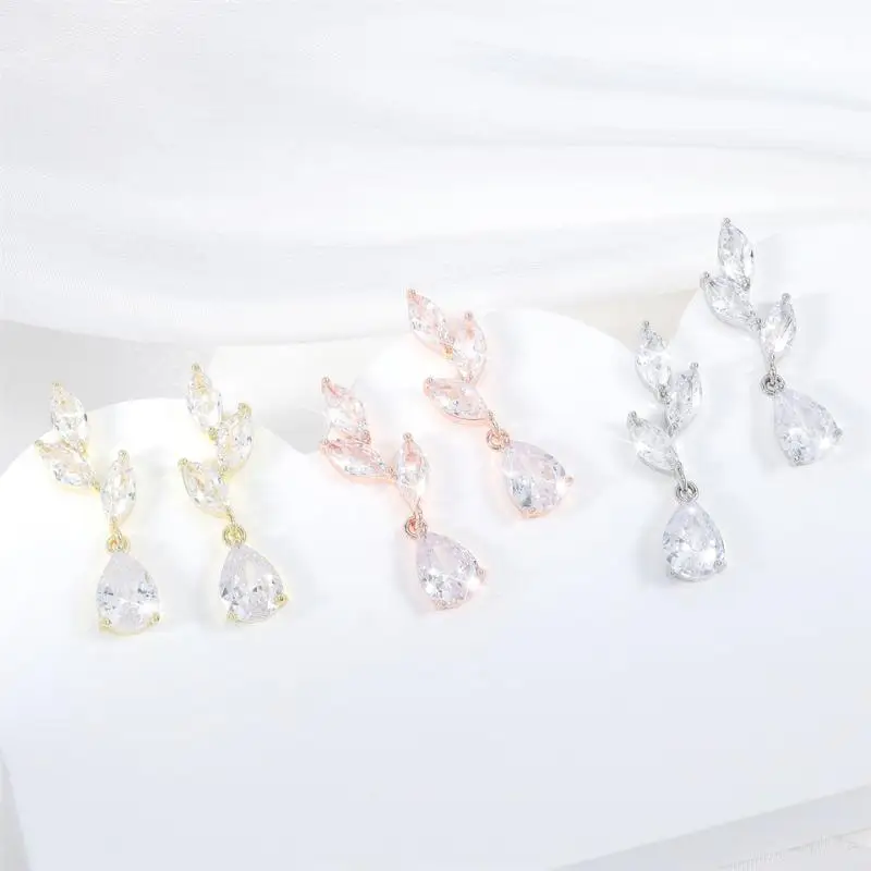 Uilz Classic Leaf Water Drop Zircon Earrings For Women Exquisite Compact Bridal Dress Earring Jewelry