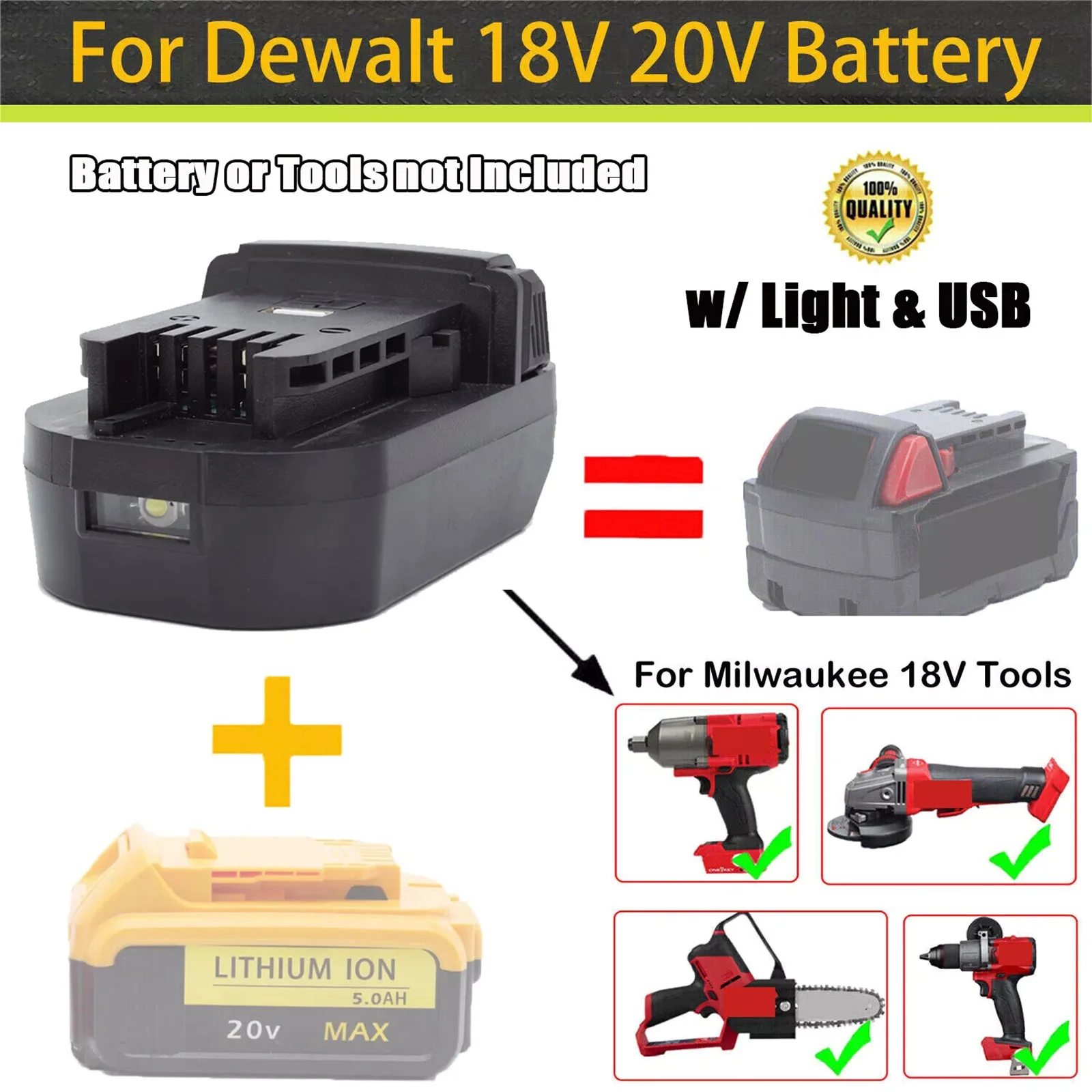 Adapter For Dewalt 20V Li-Ion Battery To Fits For Milwaukee 18V Tools With Light & USB