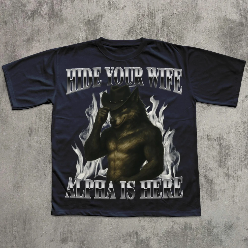 إخفاء زوجتك ألفا هنا قميص كرينج بالذئب ميمي التي شيرت السخرية تي شيرت الساخرة الجرافيك المحملة 90s Y2K قمصان الملابس
