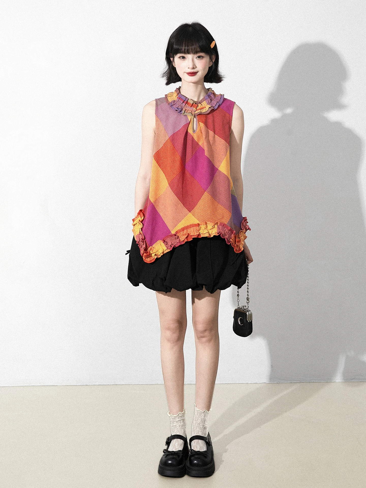 

Retro Chinese Sle round Ne ex Cotton irt with Button Loose Fit Asymmetrical Design Svel id Pattern Women's Top