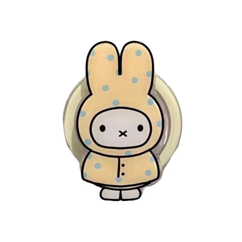 かわいいミッフィーのスマホケース、iPhone 17、16、15、14対応、黄色のレインコートを着たウサギ、マグネット式ホルダー付き、落下防止、ギフトに最適