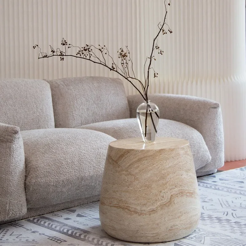 Imitate Travertine Side Table Solid Organic Vein Stone Drum Shape Round Top Compact Curved Sofa Corner End Table