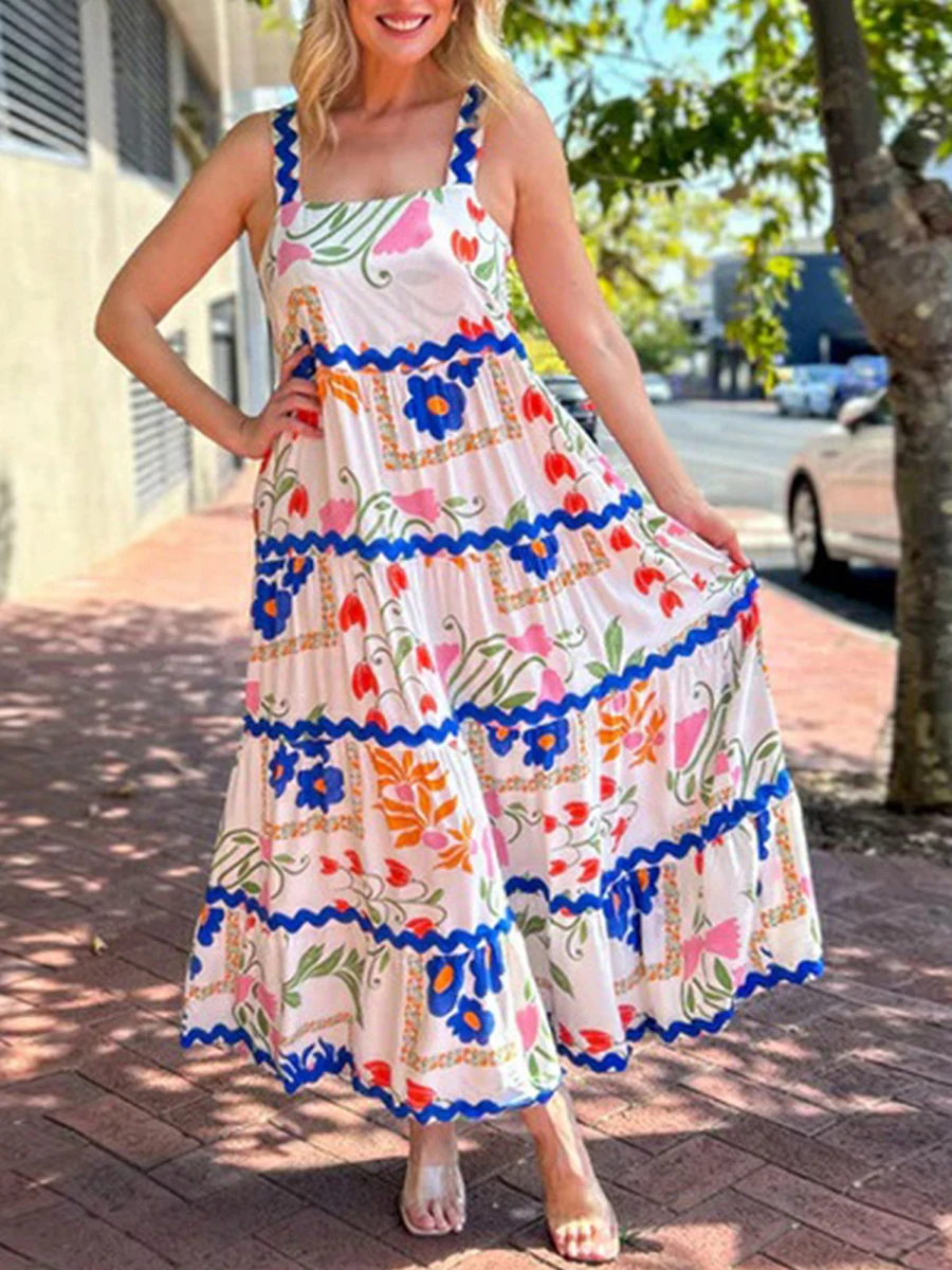 Women’s Long Beach Dress Floral Print Sleeveless Slip Tiered Dress Flowing Maxi Dress