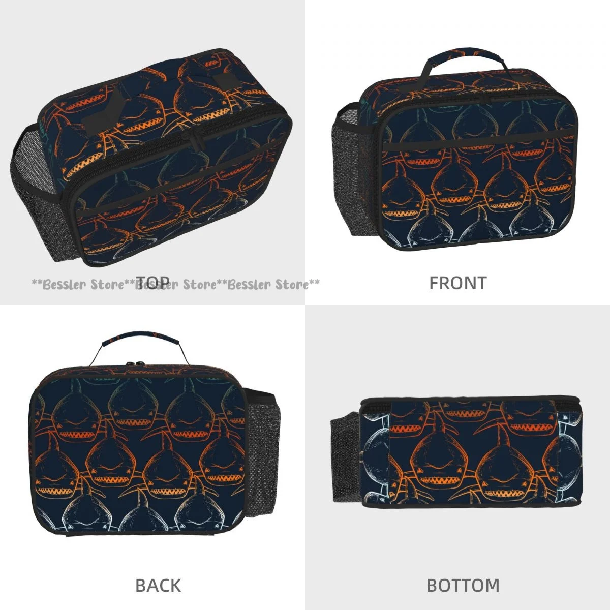 Horizontal Hand Carry Insulated Bento Lunch Bag Abstract Shark Sea Predator Thermal Reusable Meal Container Bag