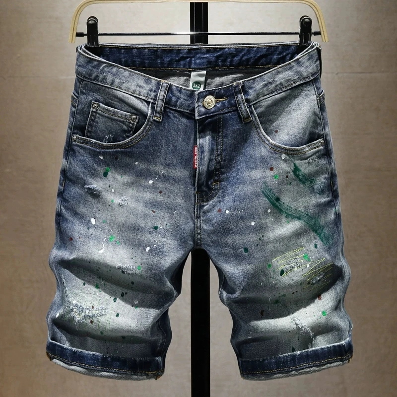 

Summer Designer Fashion Men Jeans Retro Blue Stretch Painted Ripped Short Jeans Men Y2K Vintage Casual Denim Shorts Hombre
