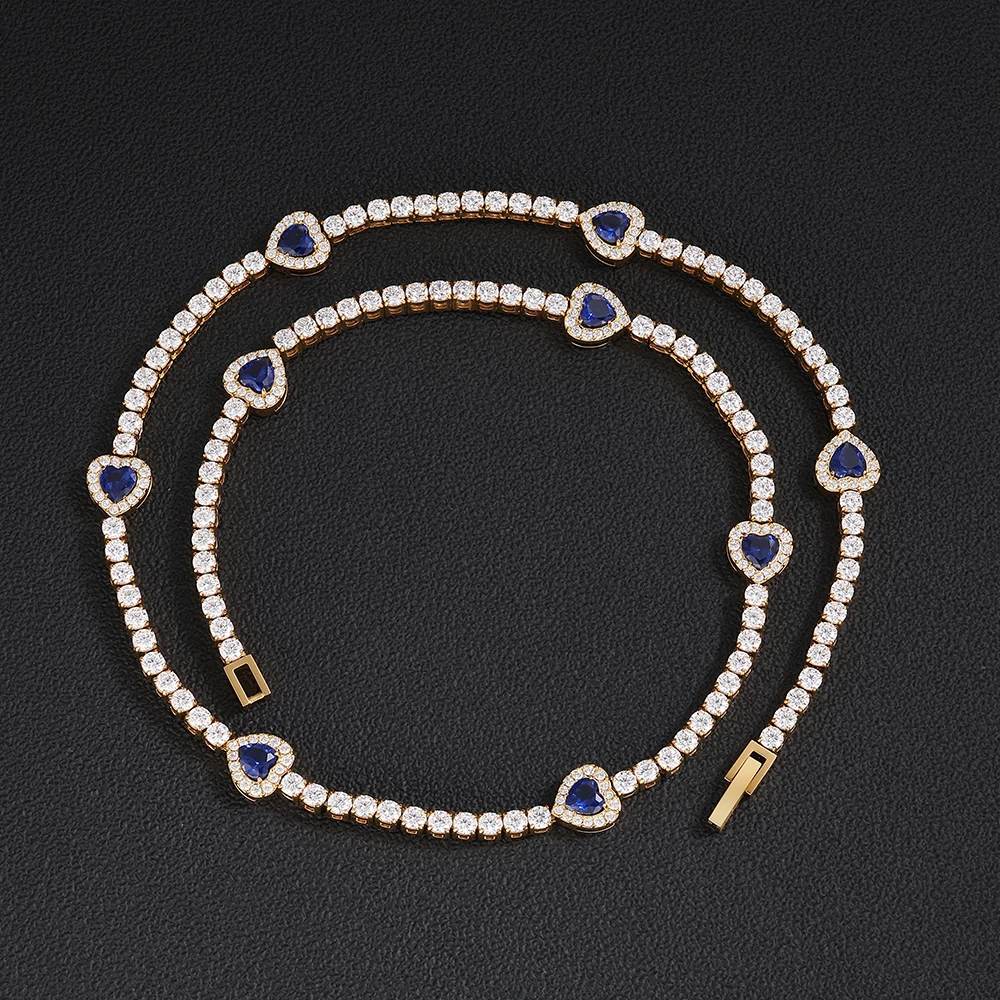 Stainless Steel Heart Tennis Necklace for Women 18K Gold Plated Sparkling Blue CZ Crystal Choker Waterproof Dainty Jewelry Gift