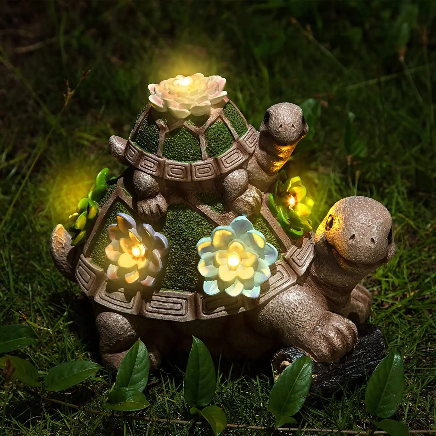 Solar Lights Outdoor Garden Sculptures Statue Resin Turtles Figurine with Succulent and 5 LEDs Outside Patio Yard Art Decoration