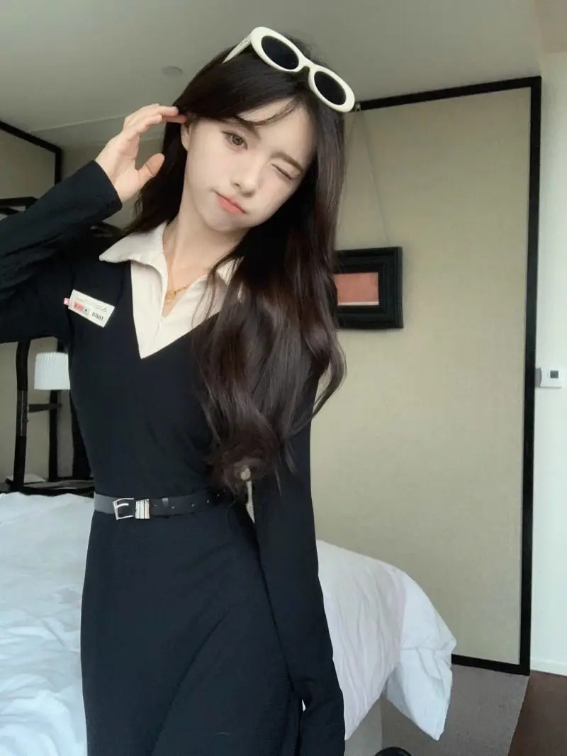 Large Size POLO Collar Zipper Black Base Long Skirt Fat Mm Korean Drama Female Lead Waist Cinching Slimming Long Sleeved Dress