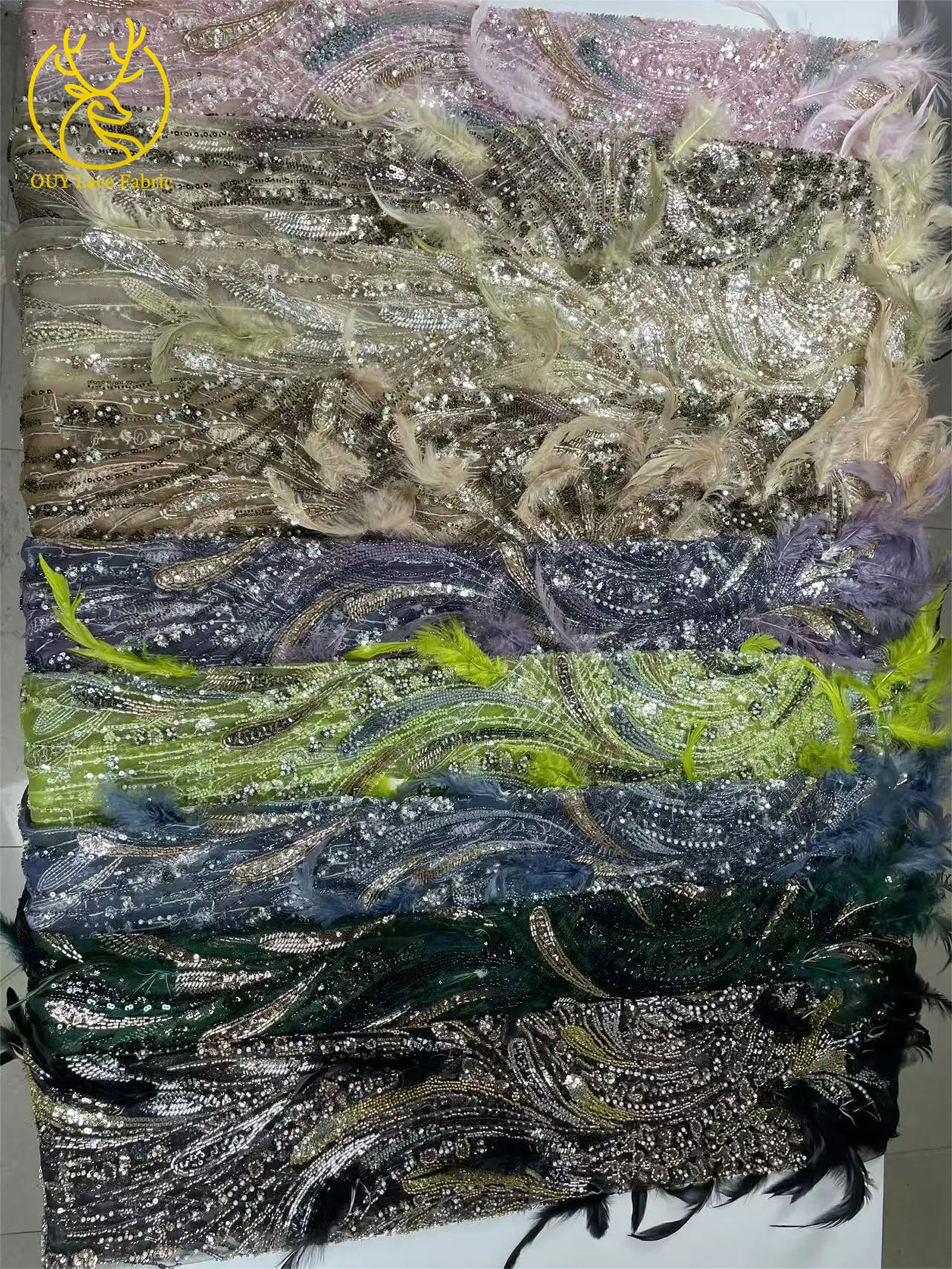 Mais recente tecido de renda de penas 3d europeu 2025 luxo nigeria artesanal frisado lantejoulas tecido de renda casamento banquete vestido material