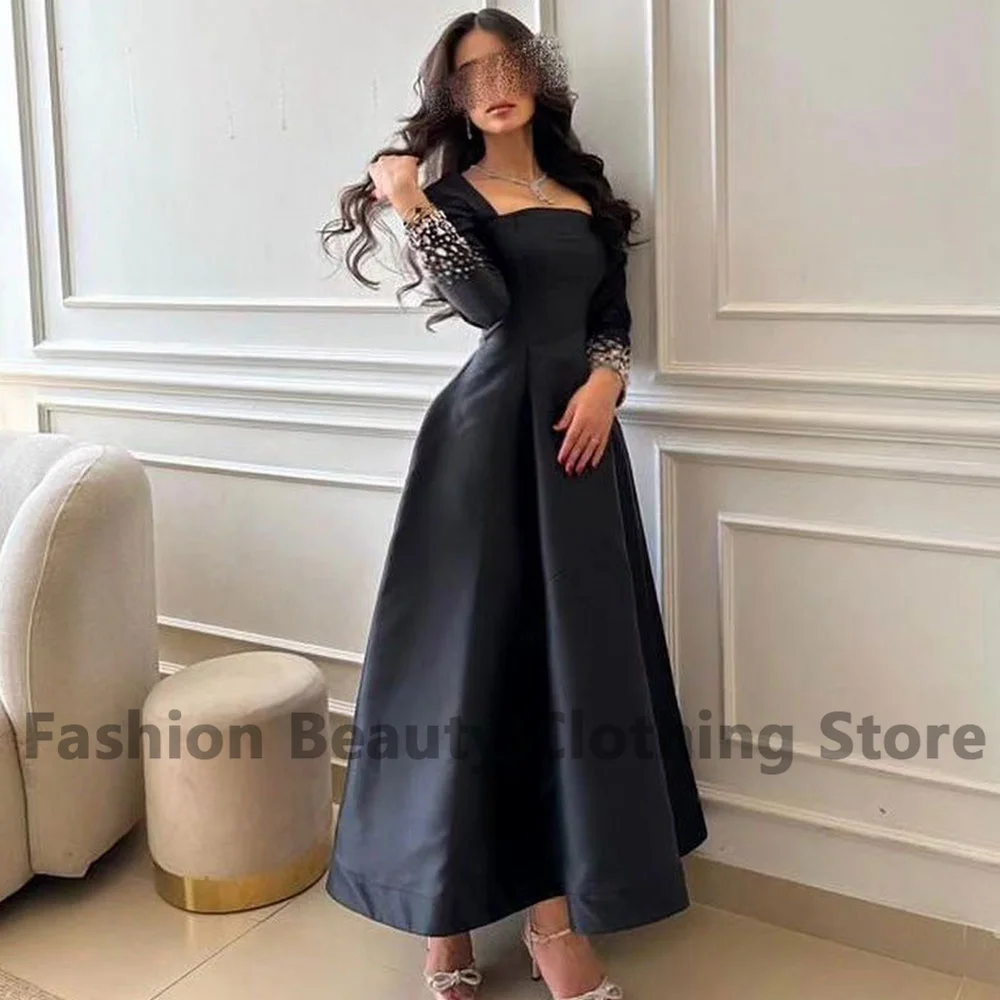 Beautiful Satin Evening Dress Square Neck Long Sleeves Crystal BeadedSaudi Arabian Women\'s A-Line Ankle-Length Vestidos De Gala