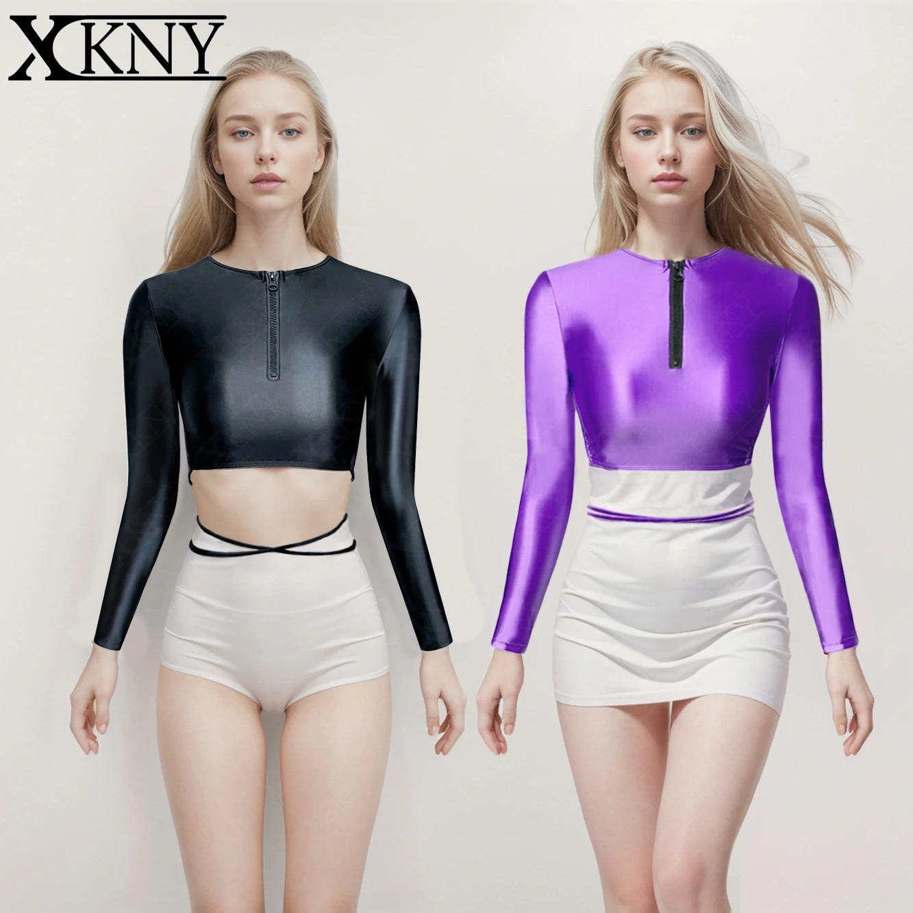 XCKNY Silk top smooth long sleeve tights sexy oil glossy strapping tights sexy front letter zipper backless Yoga casual swimsuit