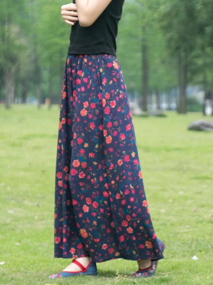 TIYIHAILEY Long Maxi A-line Elastic Waist Women Cotton And Linen Printed Skirts Flowers 2026 New Fashion Ladies With Pockets