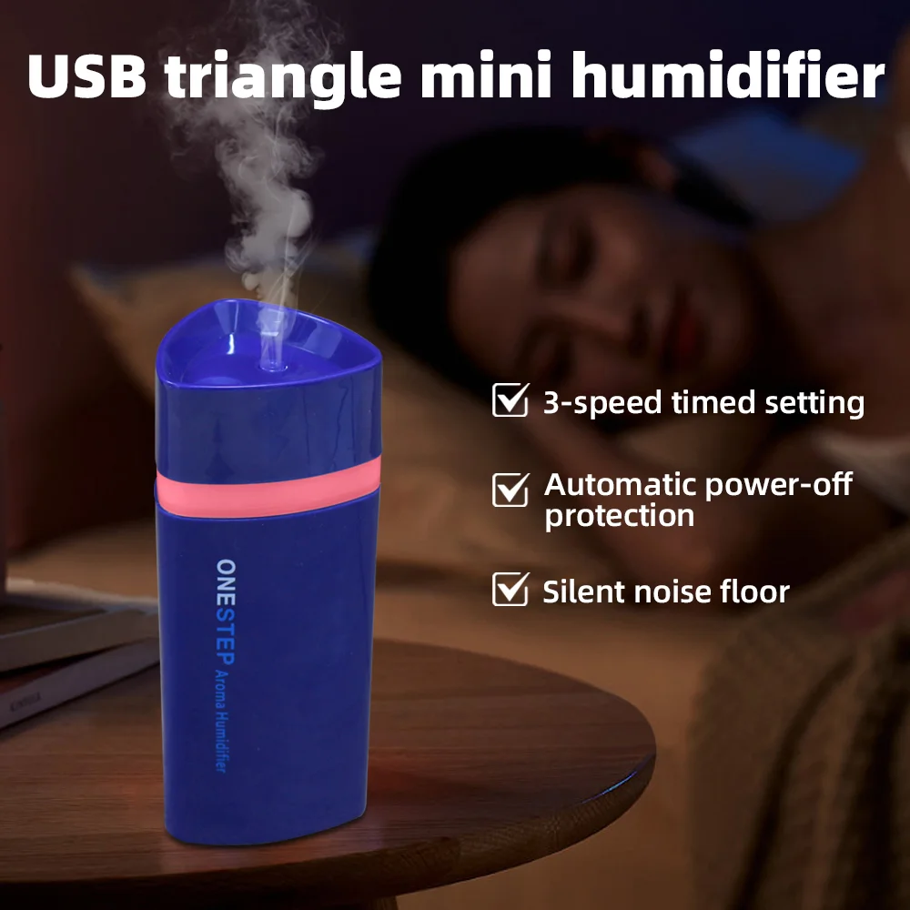 Mini umidificador triangular com desligamento automático, operação silenciosa, alimentado por USB com temporizador para mesa, quarto e viagens