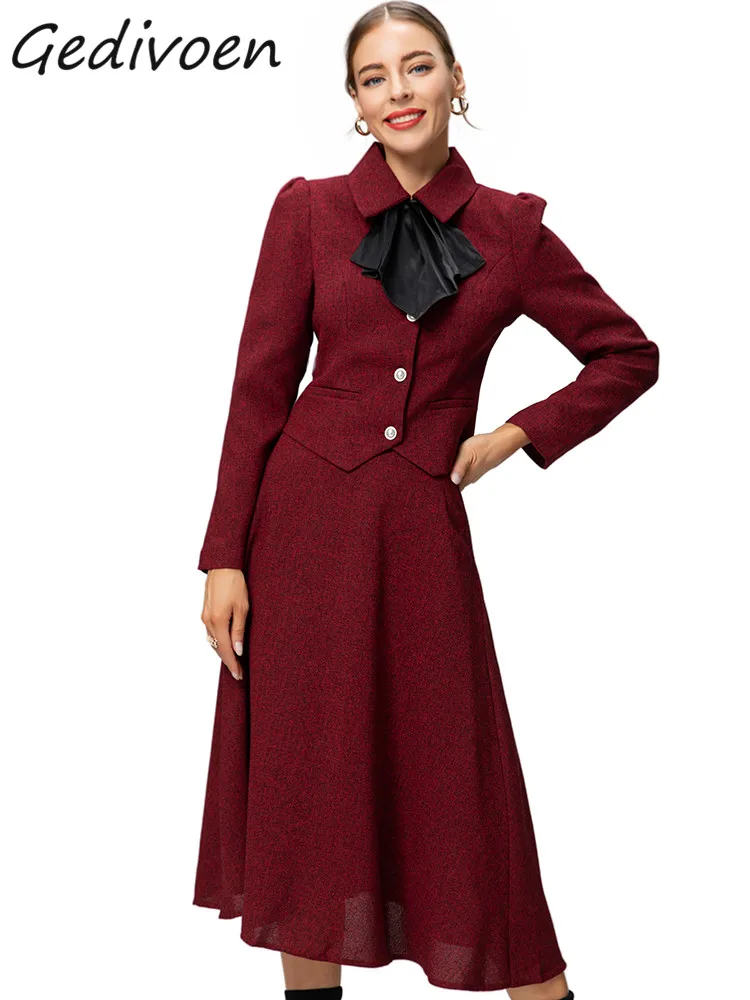 

Gedivoen Winter Fashion Designer Red Vintage Skirts Set Women's Lapel Ruffles Button Pockets Slim Coats+Long Skirts 2 Pieces Set