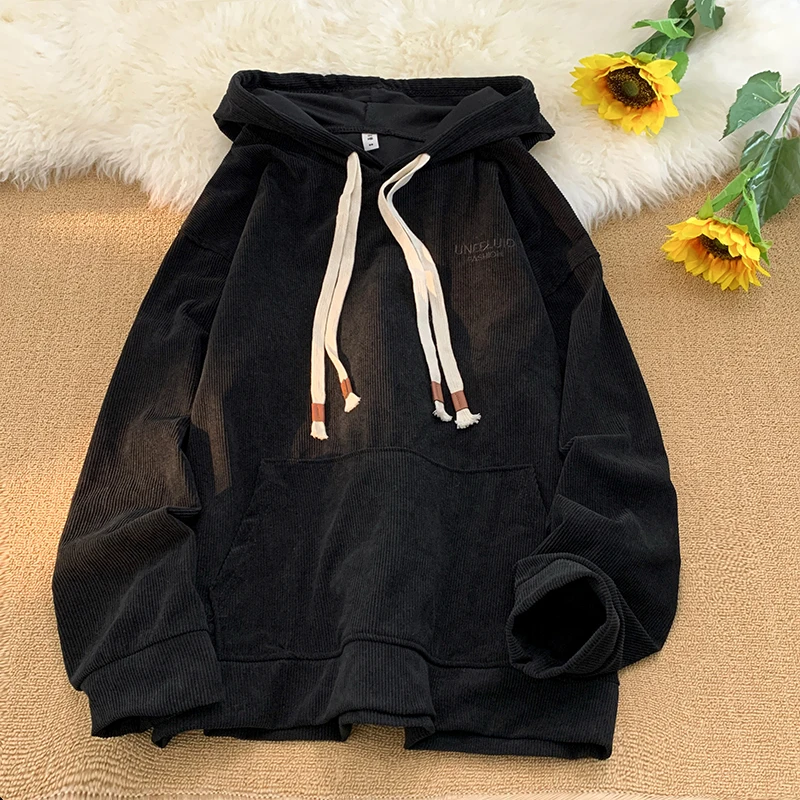 

Solid Corduroy Hoodies Women Man Spring Autumn Double Drawstring Loose Casual Tops Fashion Trend All-matched Hooded Coats