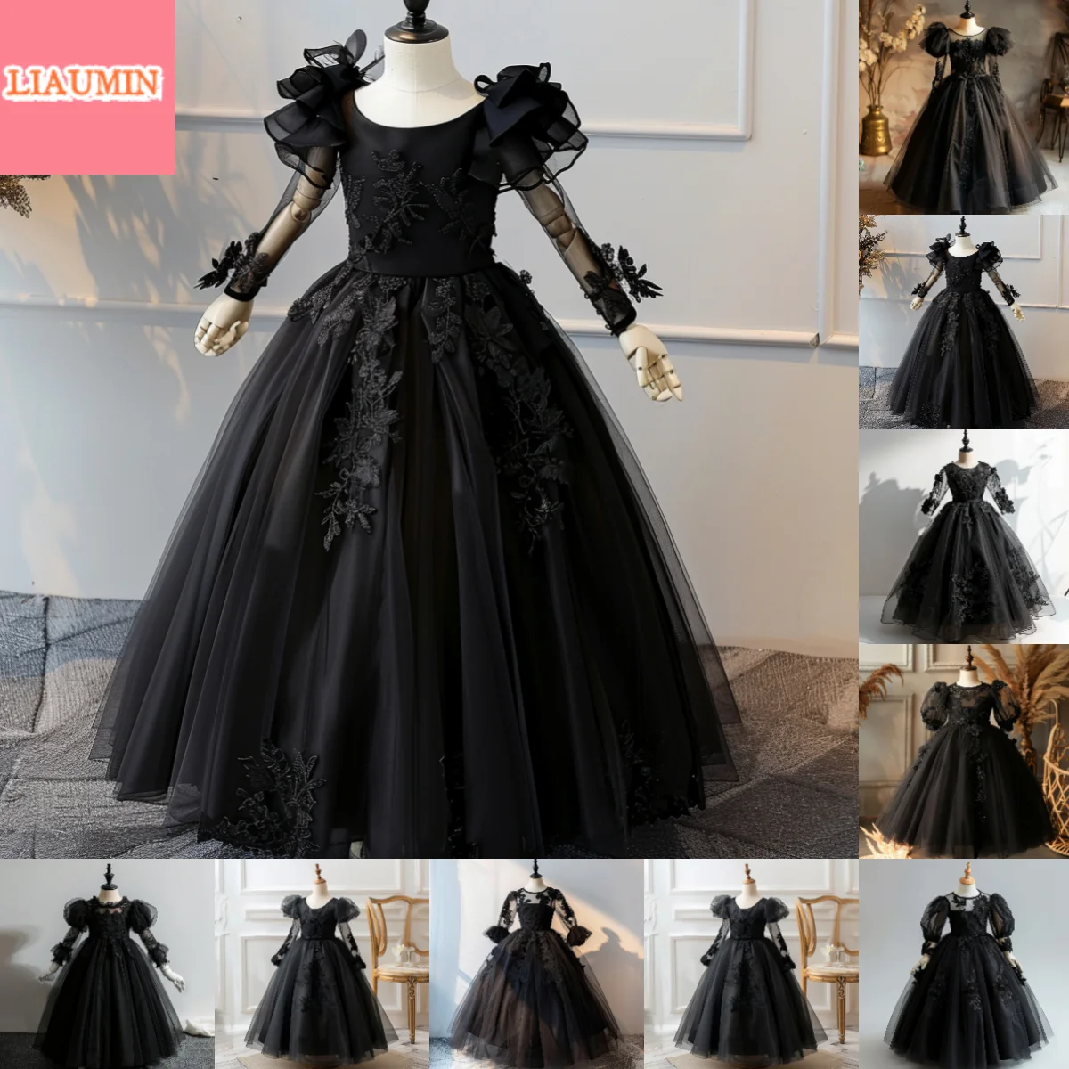 

Black Tulle Lace Applique O Neck Puffy Sleev Flower Girl Dresses Brithday Princess First Communion Pageant Skirt Hand Made W9-18