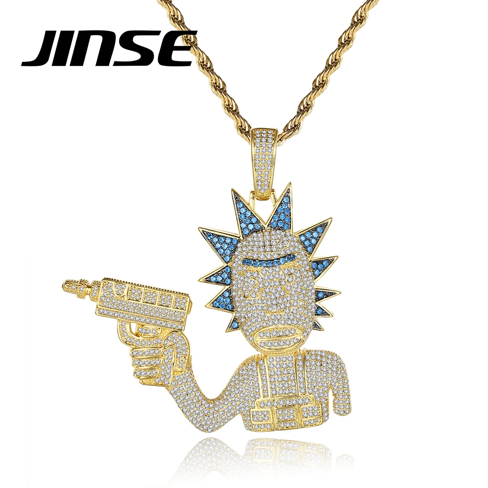 JINSE Ied Out Hip Hop Full CZ Pendant Luxury Cubic Zirconia Men Boy Street Punk Style Necklace Twise Chian Jewelry