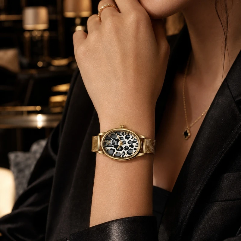 Luxury Elegant Gold Women's Quartz Watch Fashion Leopard Oval Dial Metal Mesh Band Ladies Wristwatch Clock Gift Montre Femme