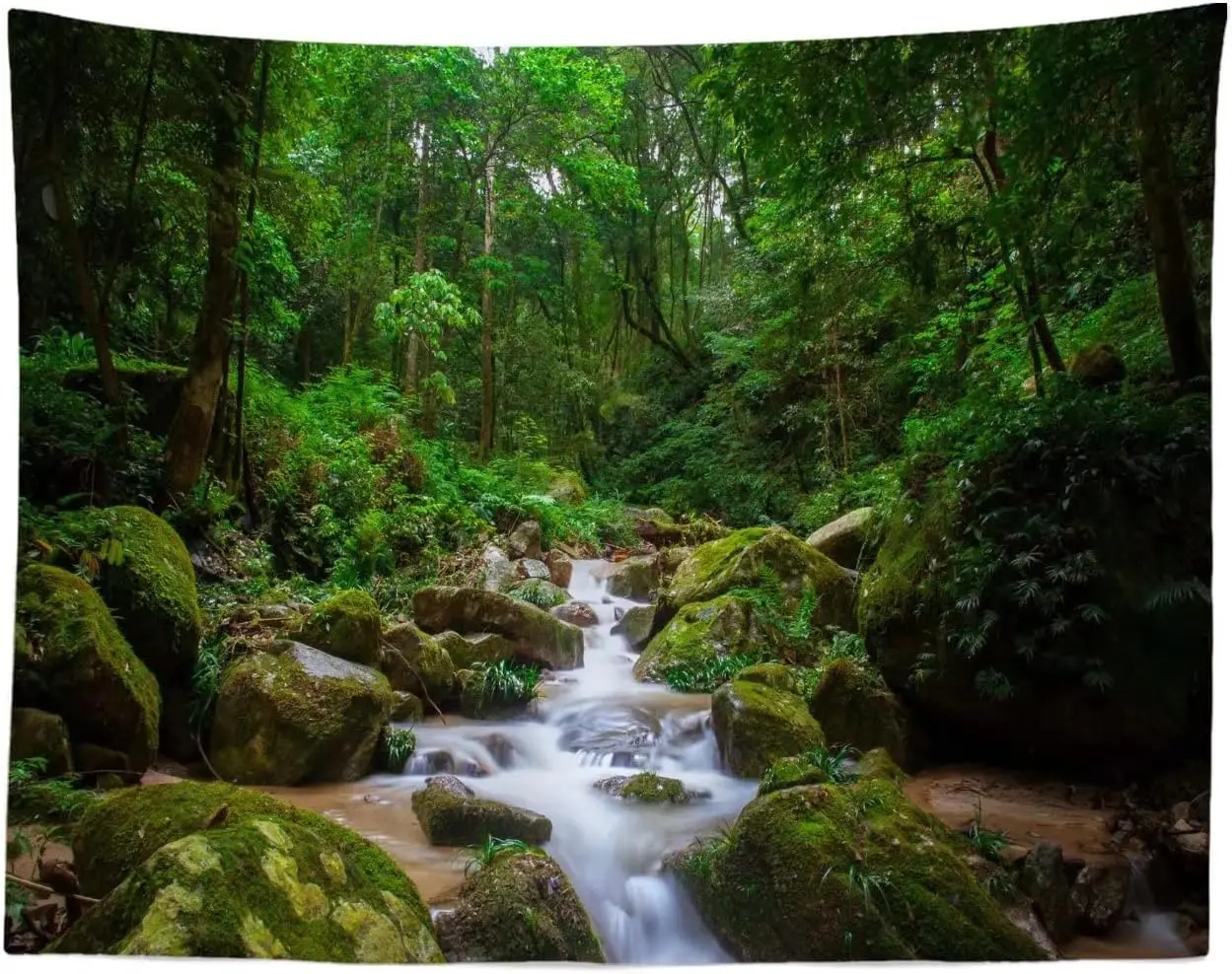 Forest Green Nature Tapestries Rainforest Landscape Tapestry Wall Hanging Tropical Jungle Mountain River Stream Scenic Tapestry