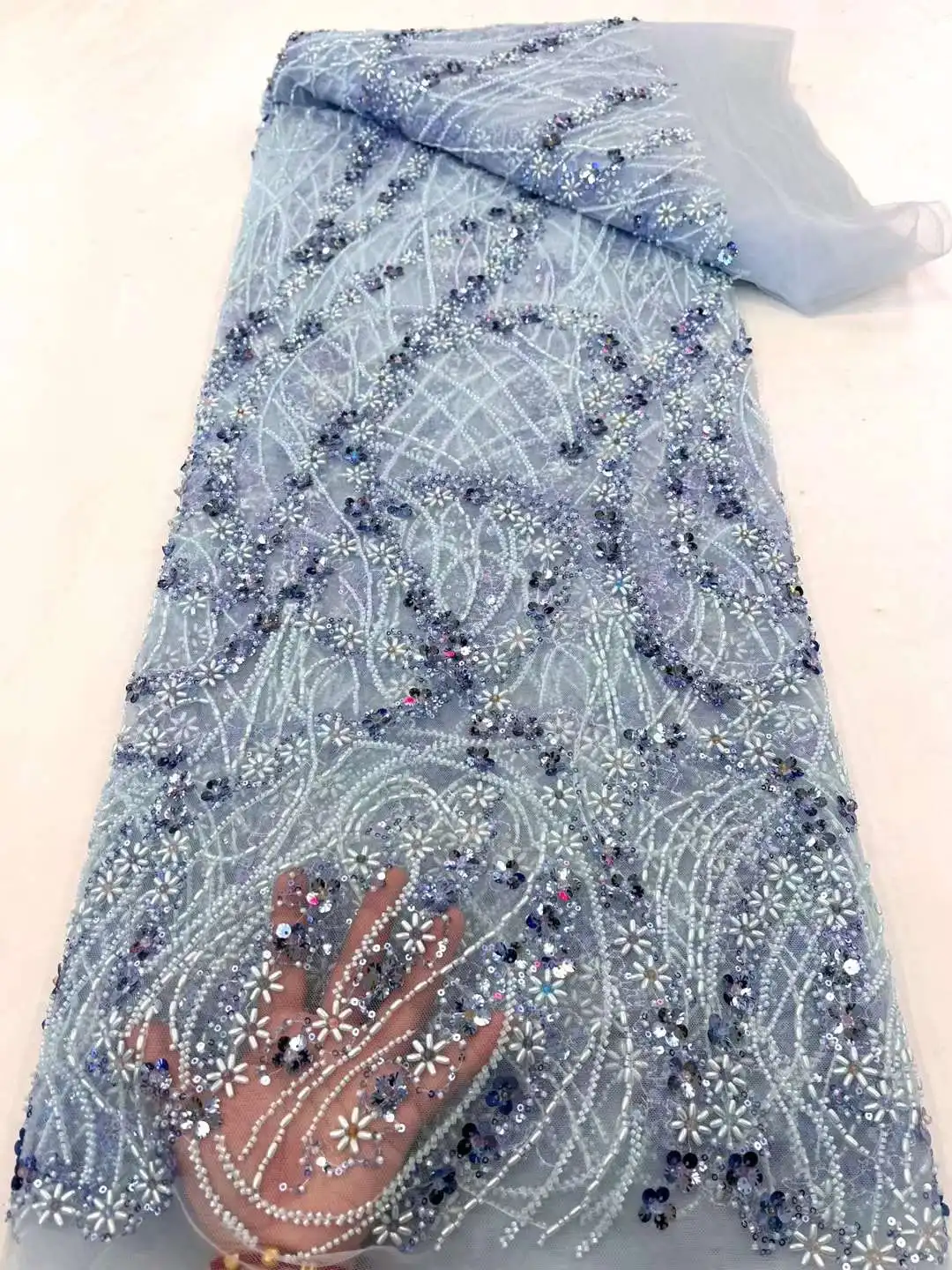 Luxury Hand Beaded Lace Fabric Bridal Fabric High-end Wedding Fabric French Nigerian 3d Lace Flower Embroidered on Tulle 5 Yards